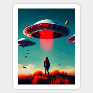 Woman and Aliens Ufo, digital Art Sticker